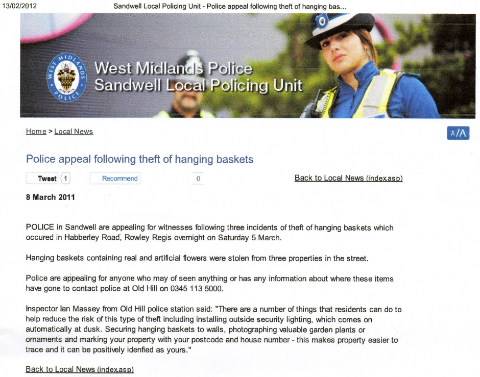 Police appeal following theft of hanging baskets